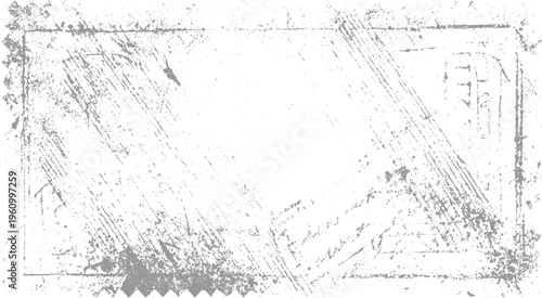 Faded grey distressed rectangular frame with textured scratches and speckles on white background scratched