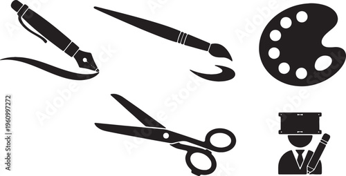 Classic artistic and creative tools icon set with painter and magician figure