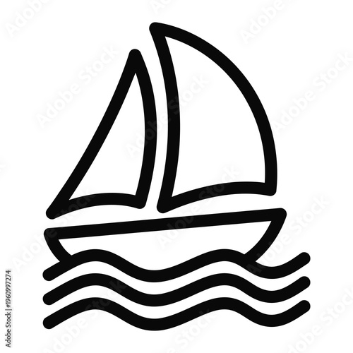 Sailing boat with waves on water surface simple line drawing icon icon
