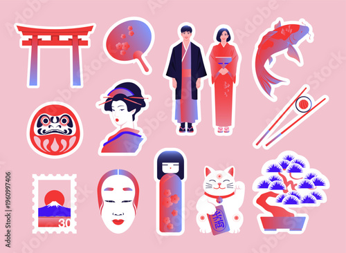 Modern flat vector sticker pack of traditional Japanese cultural elements designed with vibrant gradients and white outlines. Perfect for travel, Asian heritage, scrapbooking, trendy UI and UX project