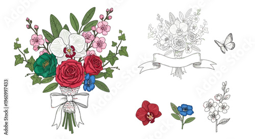 Elegant floral arrangement illustration with vibrant colors and botanical elements