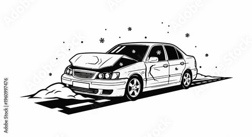 Damaged car on snowy road, hood up, snow falling around