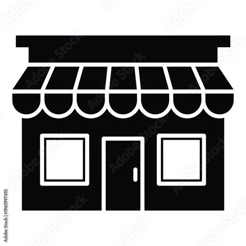 Simple black and white illustration of a storefront with awning and windows  shop icon