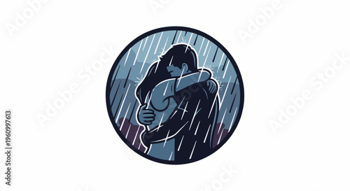 Couple embraces in a rainy circle