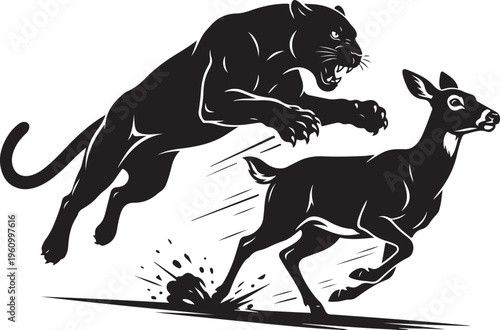 Black silhouette of a panther attacking a deer in motion against a white background, dramatic chase scene illustration