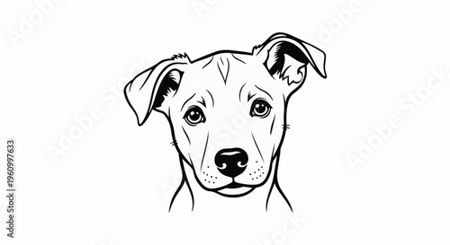 Close-up line art portrait of a dog's face with large, expressive eyes