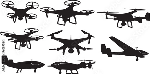 Varied assortment of different types of drones and aircraft silhouettes