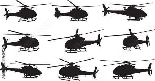 Collection of diverse military and rescue helicopters in silhouette.