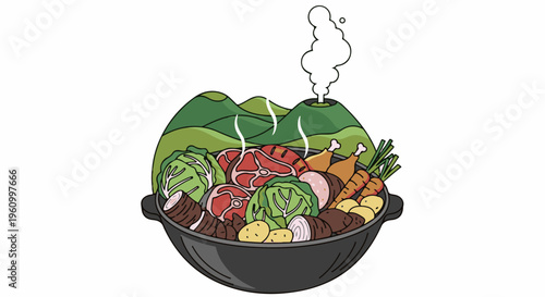 Diverse array of food items in a pot with a mountainous backdrop
