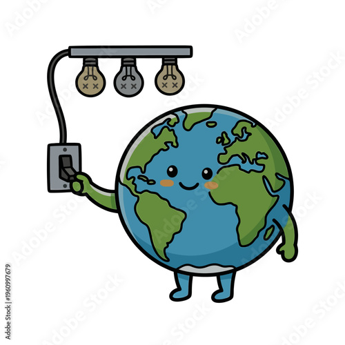 Happy cartoon Earth turning on lights in celebration of Earth Hour