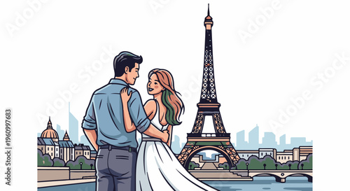 Couple embraces before iconic tower overlooking river and cityscape