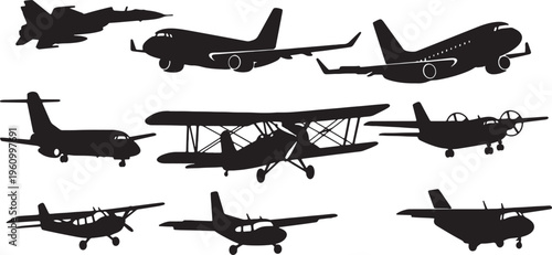 Diverse collection of vintage and modern silhouette aircraft illustrations