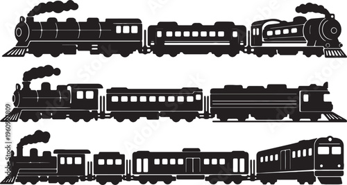 Vintage steam and modern passenger trains in black silhouette illustration