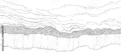 Abstract layered geological strata with stippled texture and rough lines background pattern