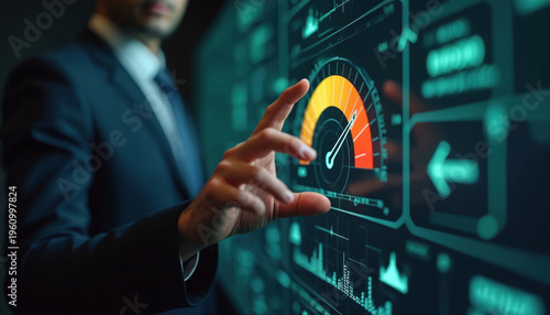 Man in suit uses futuristic screen with risk meter showing high level. Analytics display with charts, graphs, and data. Tech interface for business planning.
