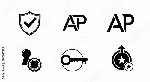Collection of black icons shield, key, lock, star, arrow, and letterforms