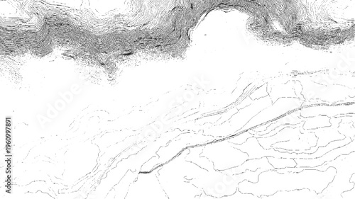 Black and white contour map depicting topographical lines of a mountainous terrain with a winding road