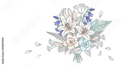Elegant floral arrangement with lilies and bluebells on white background