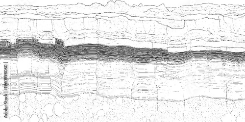 Black and white cross section of layered geological strata and gravel geology layers
