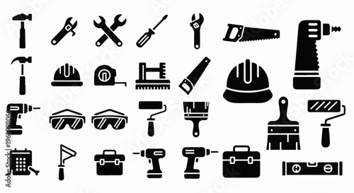 Collection of black silhouette icons of construction and DIY tools