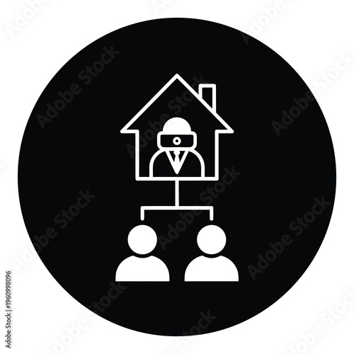 Simple white icon of real estate agent presenting to two clients in a circle icon