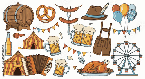 Collection of Bavarian festival icons barrel, pretzel, sausages, hat, beer mugs, tent, accordion, roast chicken, Ferris wheel, balloons, bunting, bottle, shorts, small decorative items