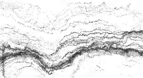 Black and white textured abstract layered lines and shapes resembling geological strata or topographic map contours