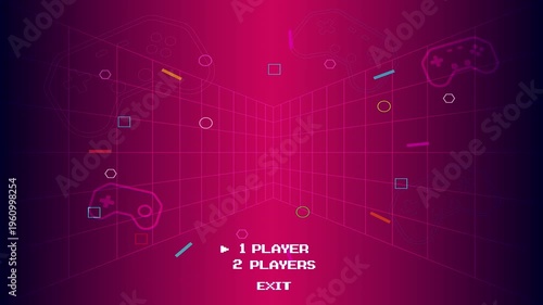 Start new game, retro cyberpunk style 80s game scene pixel art 8-bit sci-fi background. glowing neon grid and stars from vintage arcade computer games.