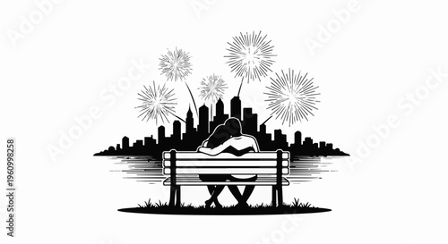 Couple embracing on a bench watching fireworks over a city skyline
