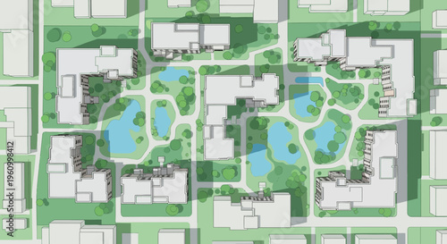 Aerial Top View of a Sustainable Modern Residential Urban Planning Project with Green Spaces and Water Features