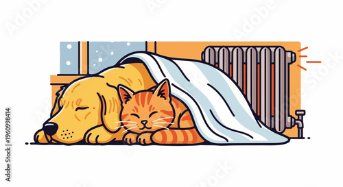 Cozy dog and cat sleep under a blanket near a warm radiator on a snowy day