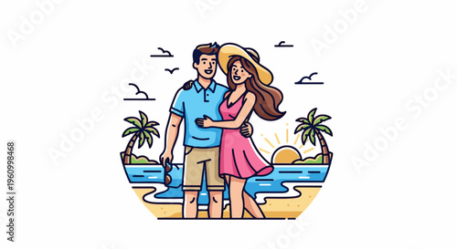 Couple embracing on a tropical beach at sunset with palm trees