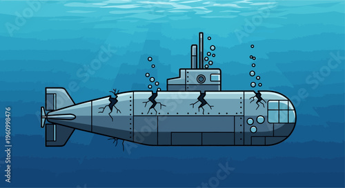 A cartoon illustration of a damaged submarine with cracks in its hull, sinking underwater with bubbles escaping.