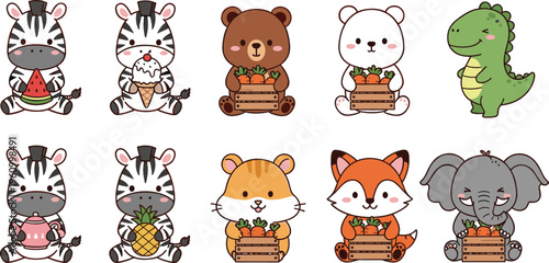 Cute cartoon animal collection with zebra, bear, fox, elephant and dinosaur holding fruits and vegetables, colorful vector illustration for kids and healthy food designs