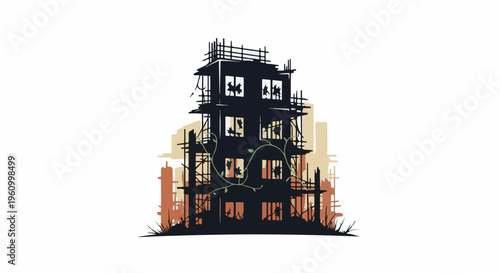 Dark, silhouetted building with broken windows and overgrown vines
