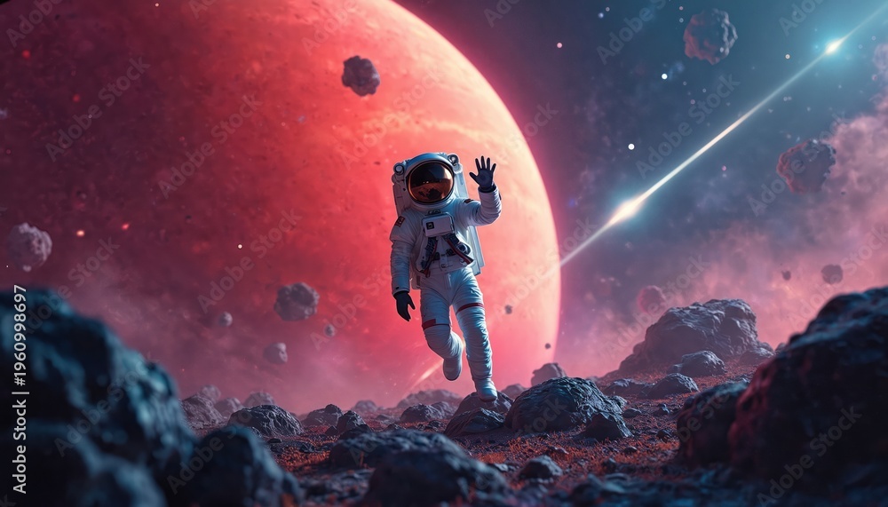 Fototapeta premium Astronaut on rocky planet surface waves hello. Giant red planet and bright nebula visible in space. Asteroids float around celestial body in deep cosmos.