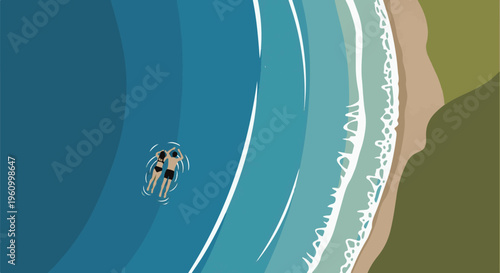 Couple floats serenely on gentle ocean waves near a sandy beach