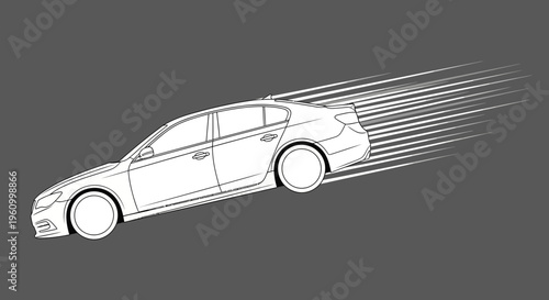 Modern sedan car speeding illustration on a gray background with motion lines