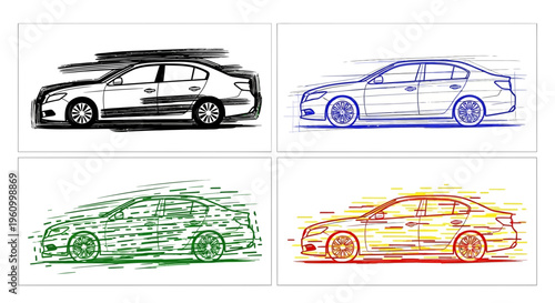 Modern sedan car sketches in four colors on white background
