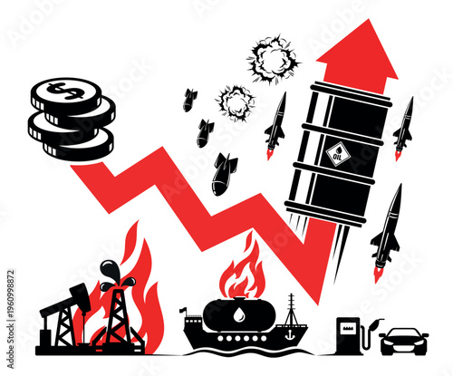 Rise in the price of a barrel of oil following the Iran war. Vector chart, icons on a transparent background.