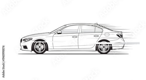 Modern sedan car speeding with motion blur graphic illustration on white