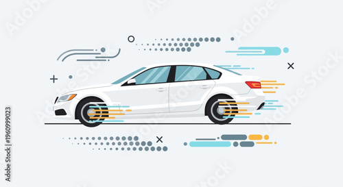 Modern white car speeding illustration with dynamic graphic elements