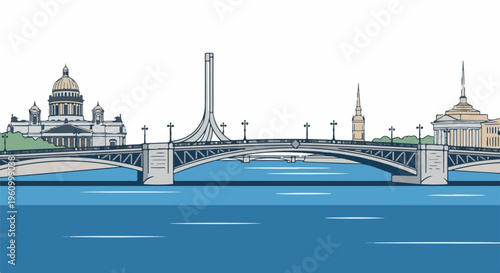 Cityscape illustration with a large bridge spanning a blue river, featuring diverse architectural styles