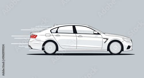 Modern white car speeding on gray background concept for transportation