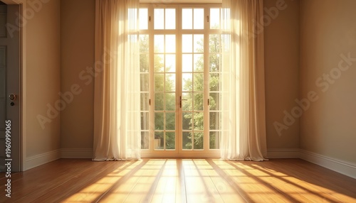 Empty room with large window, soft sunlight streams through sheer curtains onto polished wood floor. Trees visible outside rich green nature beyond glass panels.