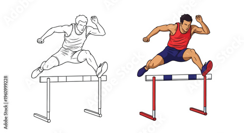 Athletes jumping over hurdles in track and field events illustration