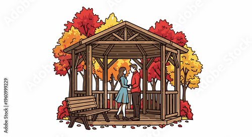 Couple in gazebo surrounded by autumn trees