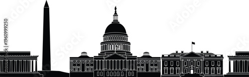 Washington DC skyline silhouette featuring Capitol Building, White House, Lincoln Memorial and Washington Monument forming iconic United States cityscape isolated on light background