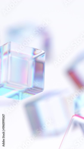 Glass cubes floating on a white background, vertical 4k seamless loop 3d animation
