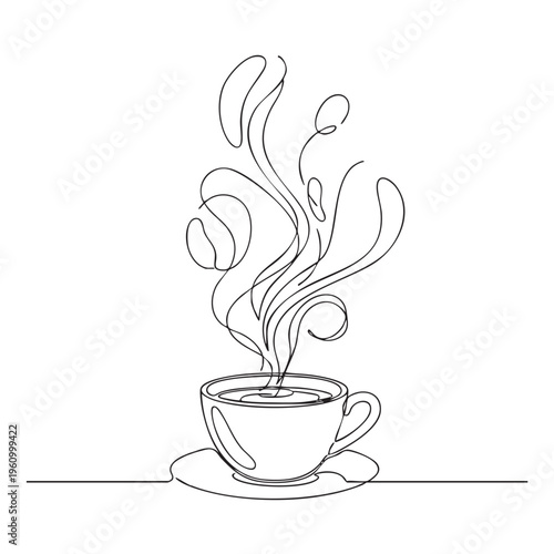 Continuous one line drawing of a steaming cup of coffee or tea